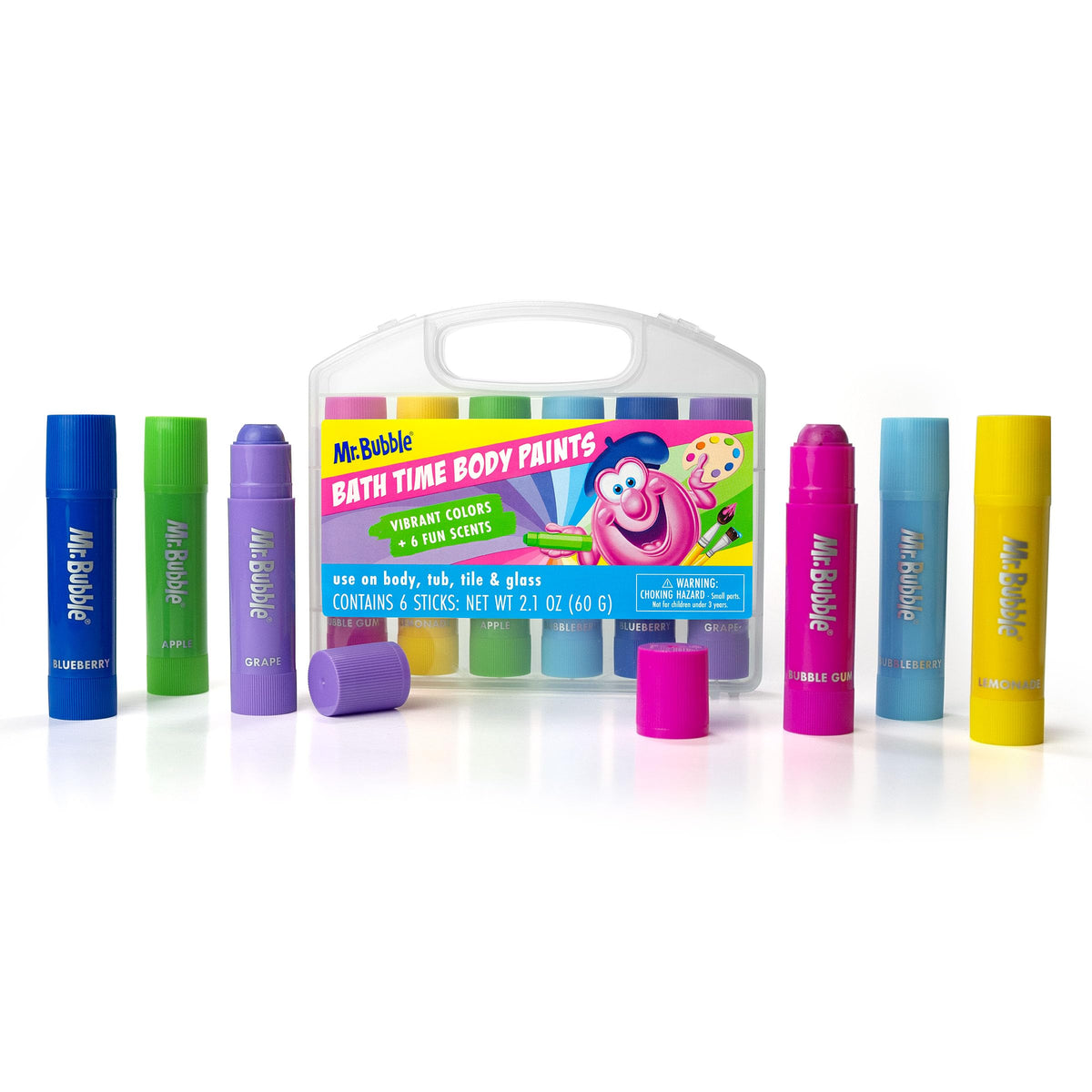 Mr. Bubble front packaging showing bath paint sticks and case, playful storage solution