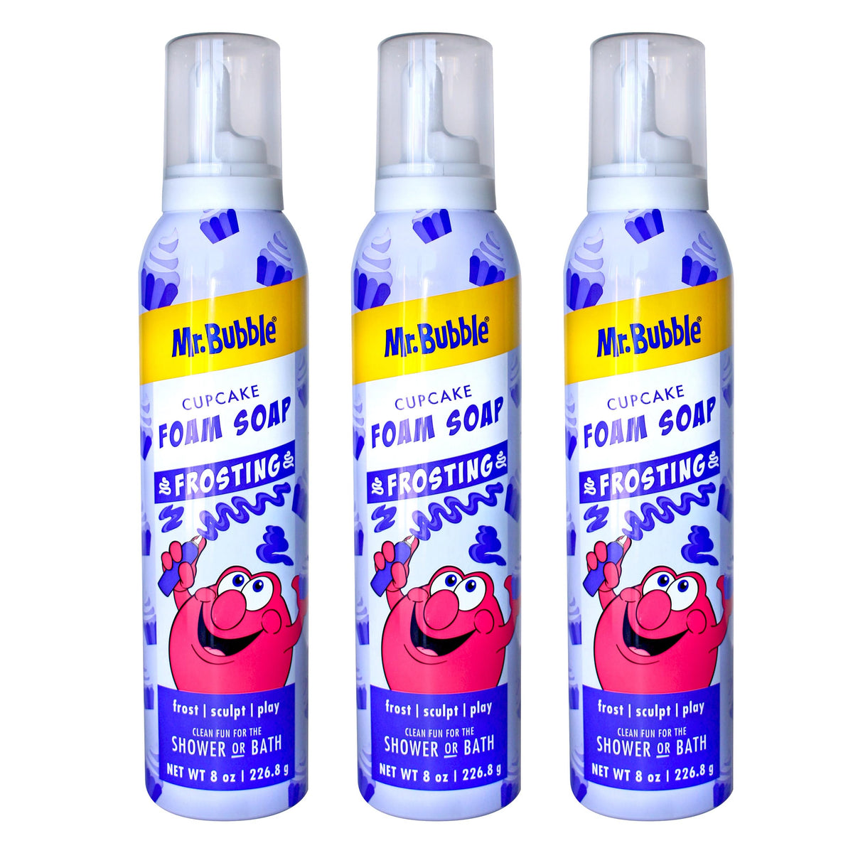 Mr. Bubble front packaging showing cupcake-scent bottle and playful label benefit: fun bath time