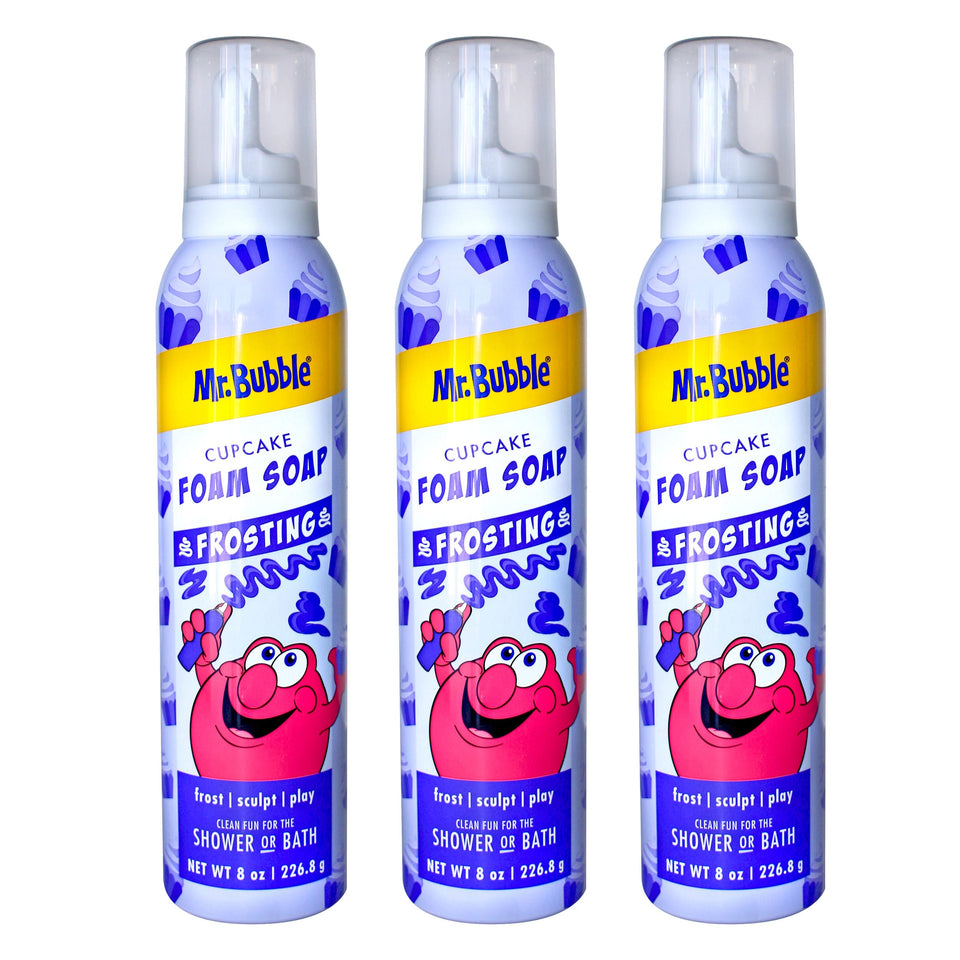 Mr. Bubble front packaging showing cupcake-scent bottle and playful label benefit: fun bath time