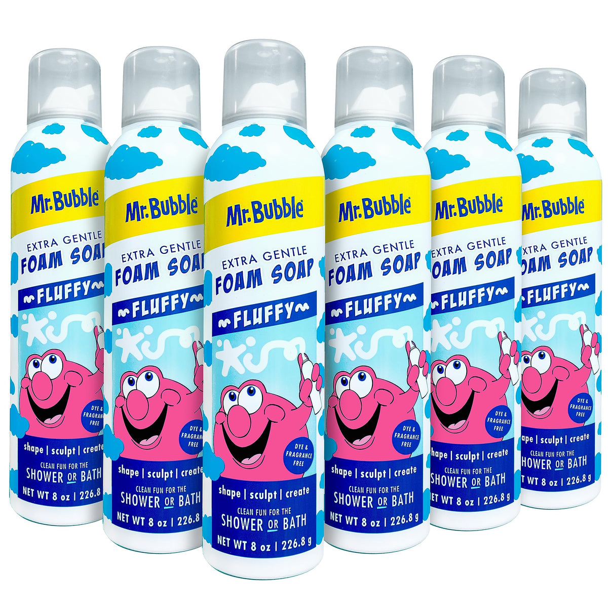 Mr. Bubble front packaging showing six 8oz bottles and family-friendly branding