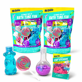 Mr. Bubble front packaging showing all four included products and colorful design benefits fun play