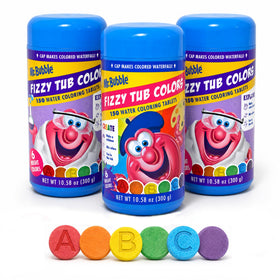 Mr. Bubble three jars front view showing bright tablet colors and easy storage benefit