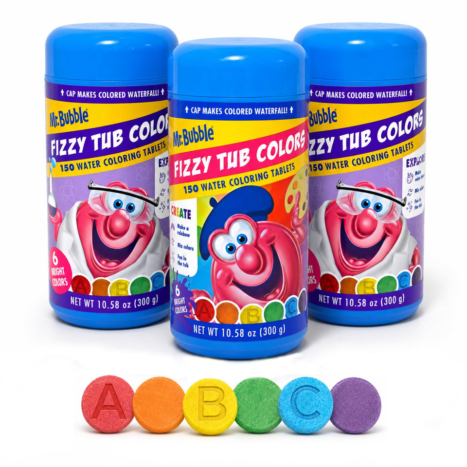 Mr. Bubble three jars front view showing bright tablet colors and easy storage benefit
