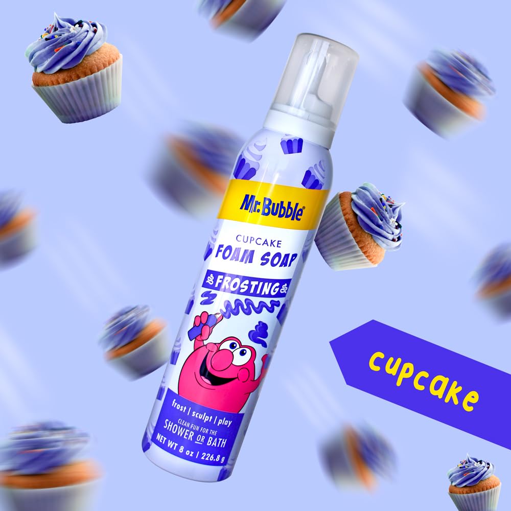 Mr. Bubble frosting nozzle close-up displaying unique dispenser benefit: shapeable foam play