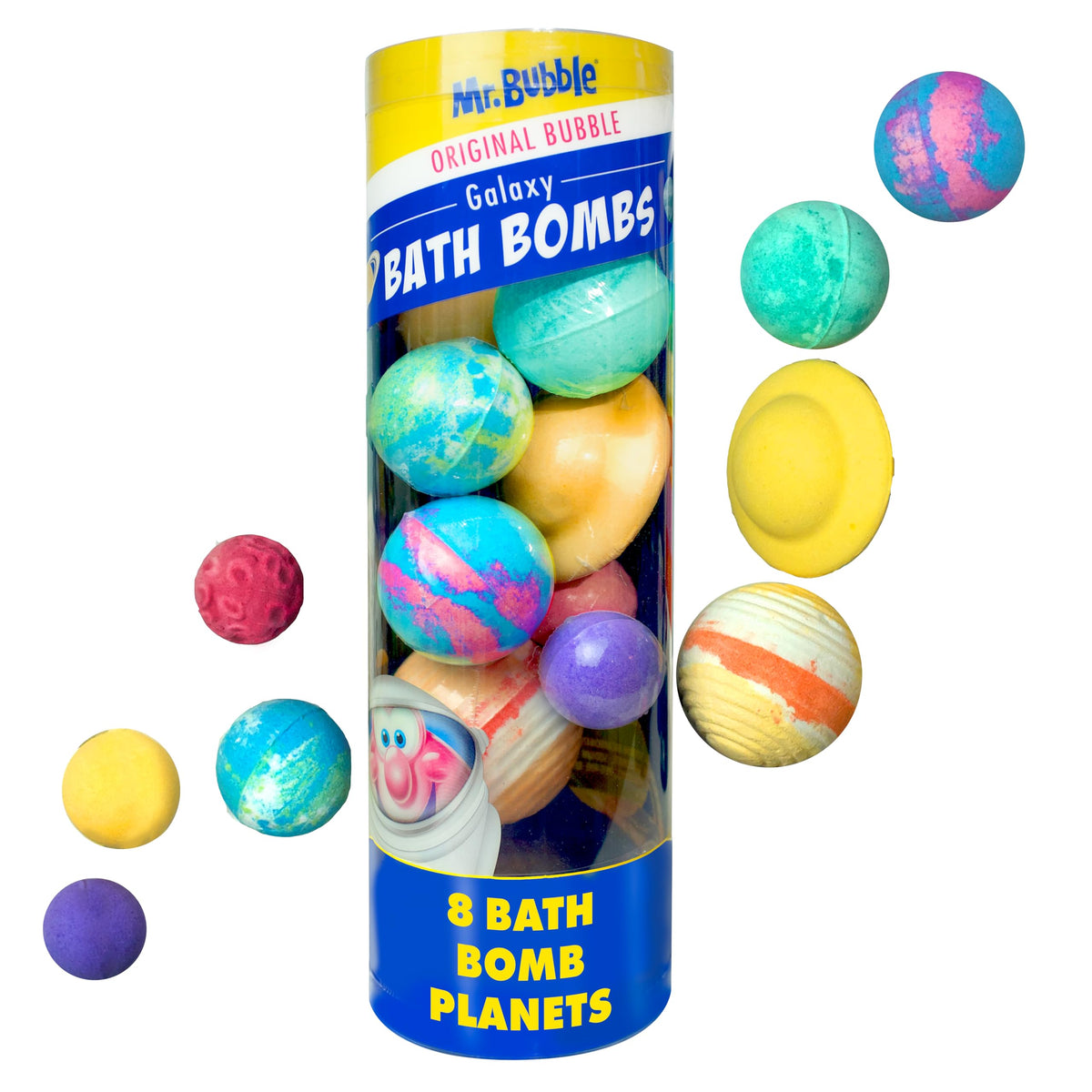 Mr. Bubble front packaging showing eight planet bath bombs and playful design