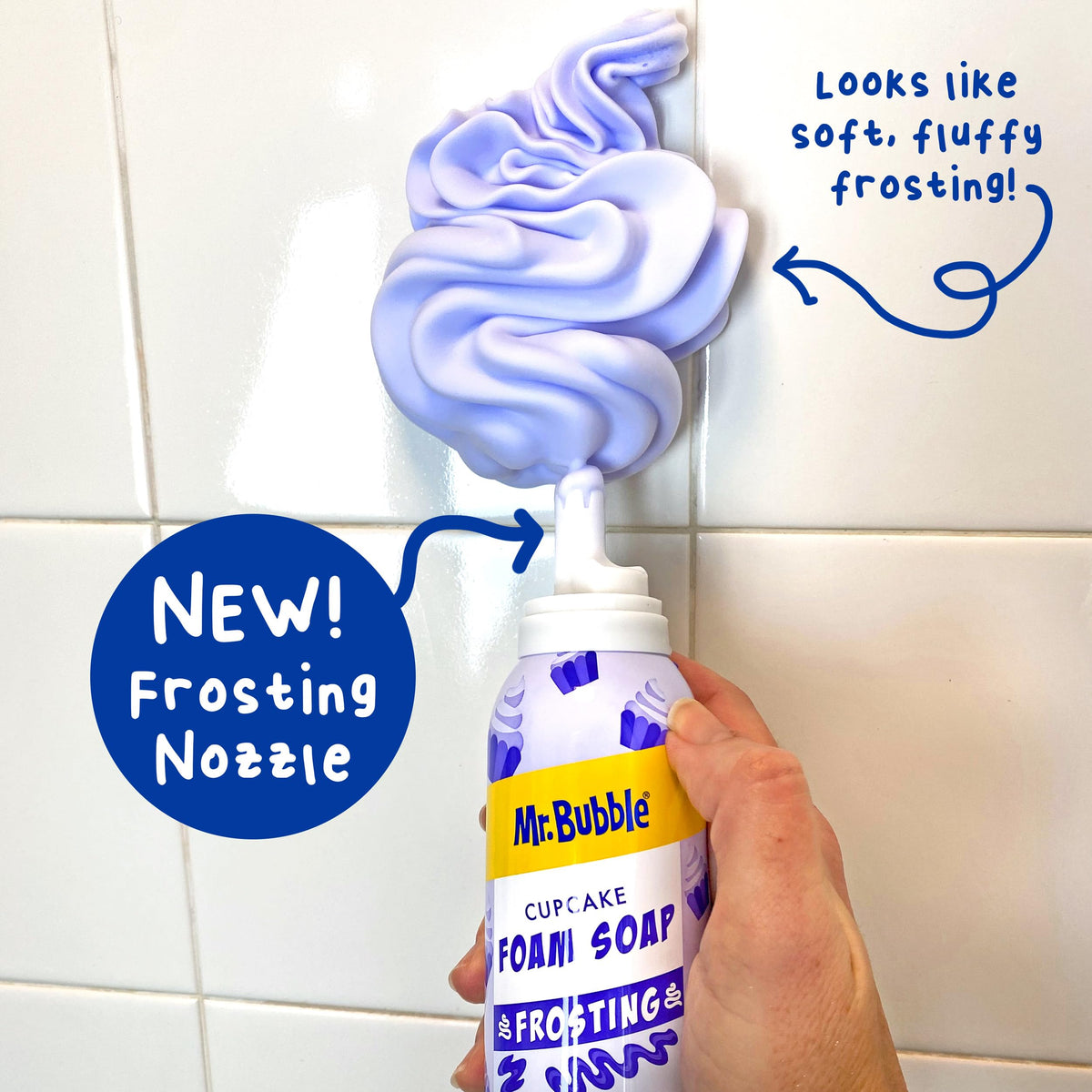 Mr. Bubble in use with child sculpting foam on palm benefit: encourages independent washing