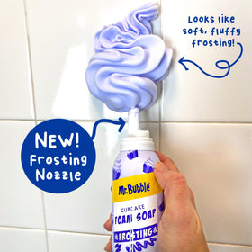 Mr. Bubble in use with child sculpting foam on palm benefit: encourages independent washing