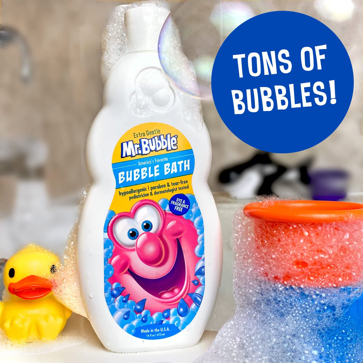 Mr. Bubble label detail highlighting dye- and fragrance-free benefits
