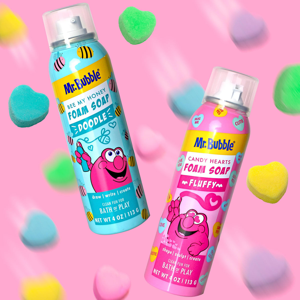 Mr. Bubble bottles staged in bathroom lifestyle shot showing playful routine and storage benefit