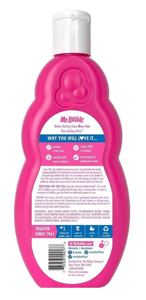 Mr. Bubble liquid texture close-up highlighting consistency and easy pour for bath prep