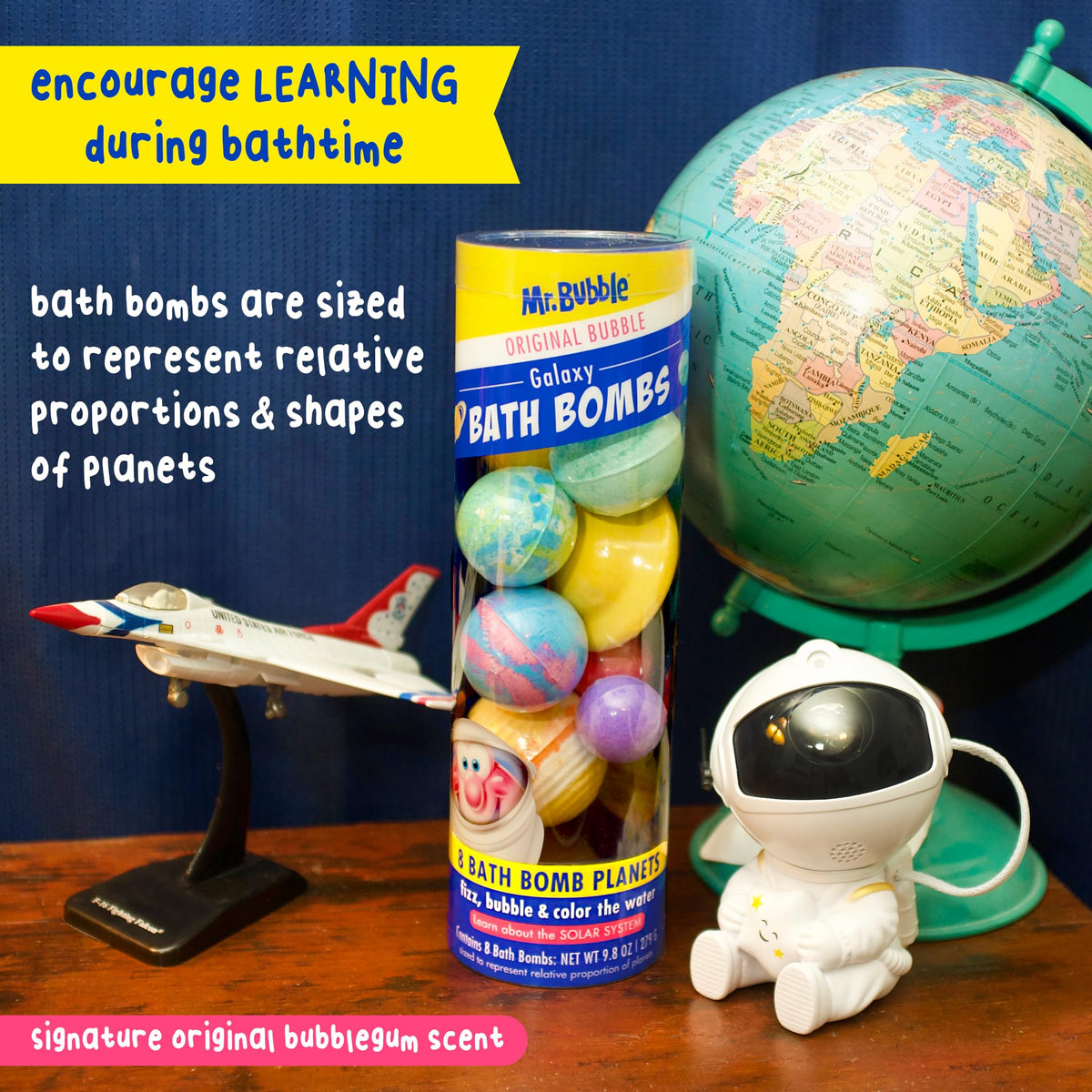 Mr. Bubble planet facts card alongside bath bombs to encourage STEAM learning