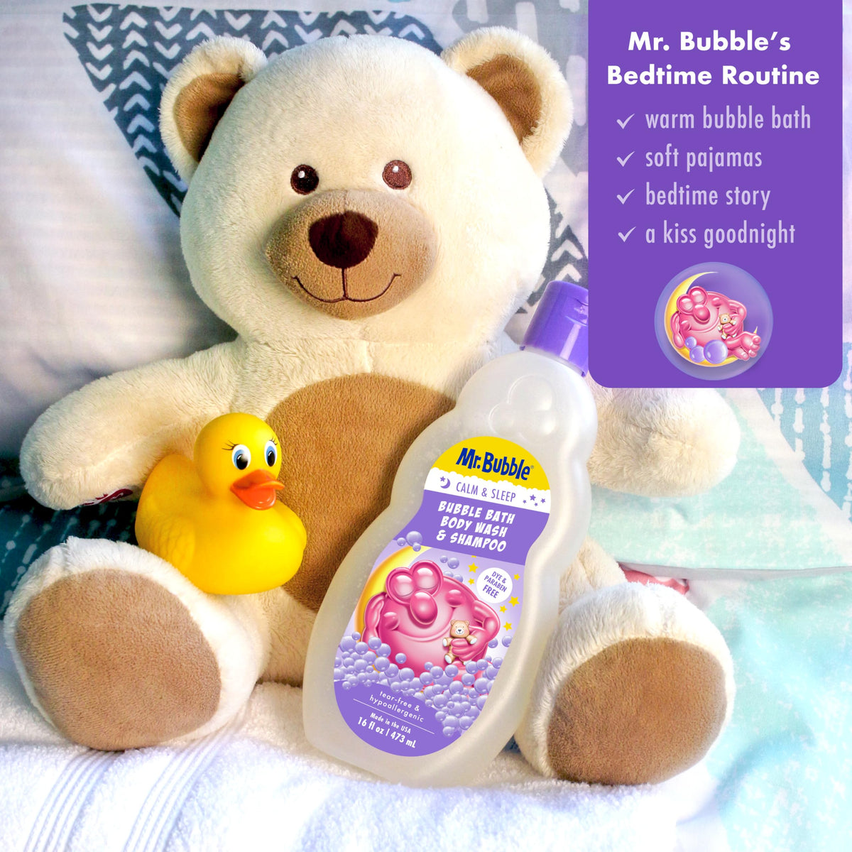Mr. Bubble pouring into hand showing easy dosing and gentle, moisturizing wash
