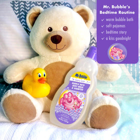 Mr. Bubble pouring into hand showing easy dosing and gentle, moisturizing wash