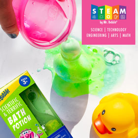 Reusable Mr. Bubble beaker on shelf ready for future bath experiments and play