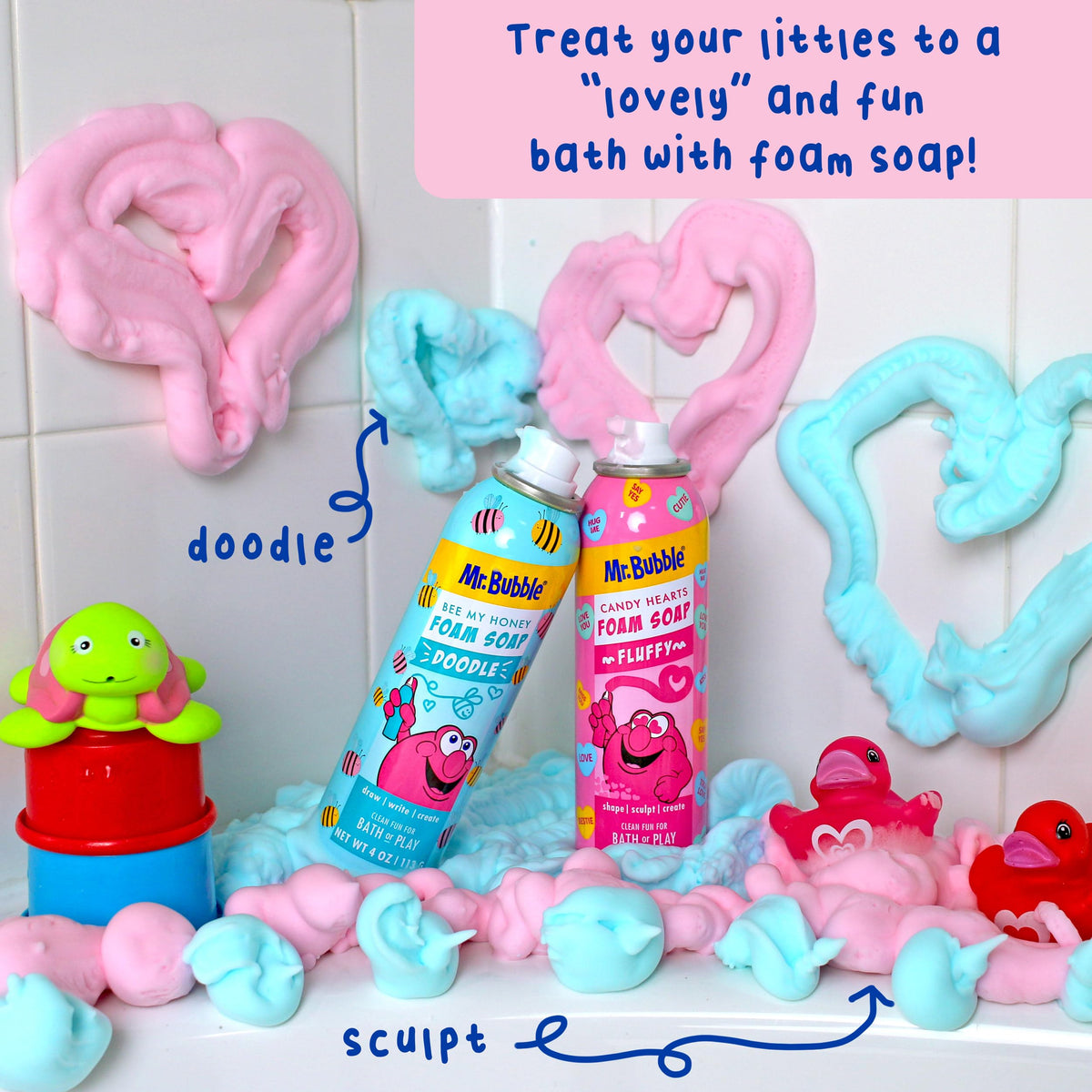 Mr. Bubble travel bottle in bath bag demonstrating portability and on-the-go hygiene benefit