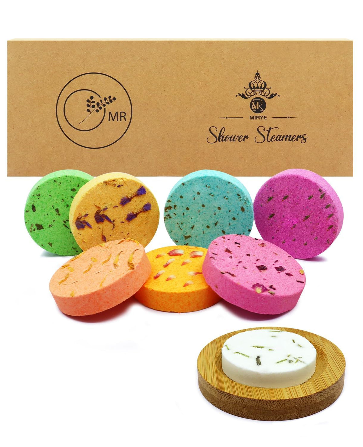 MR MIRYE front packaging showing eight scented shower steamers and benefits