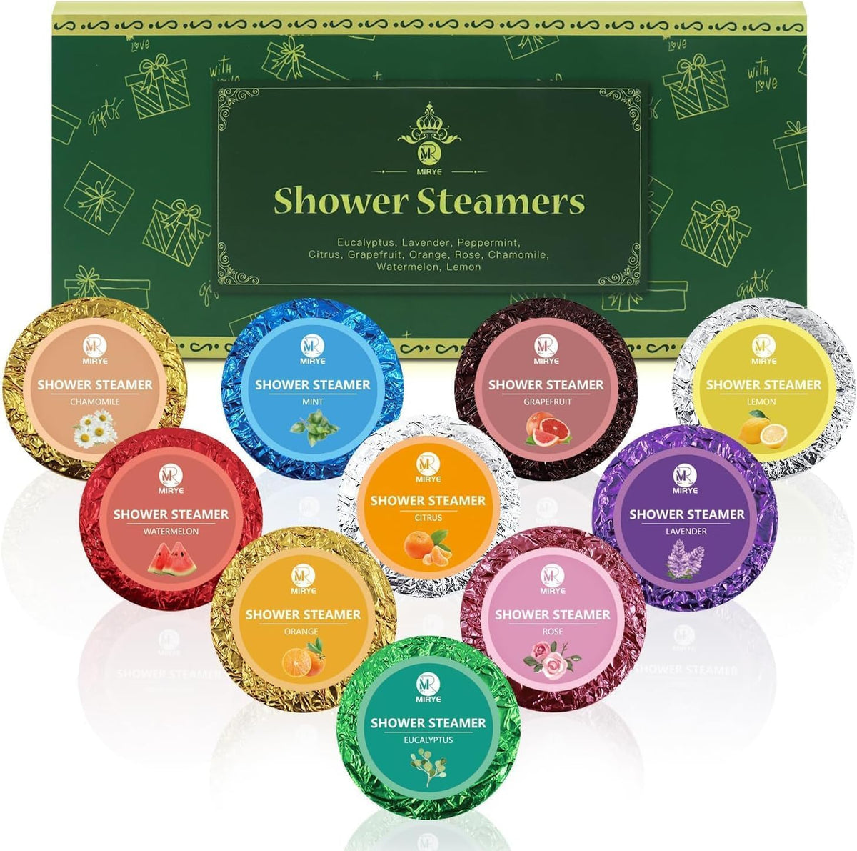 MR MIRYE front packaging showing 10 colorful shower steamers and clear branding for easy gifting