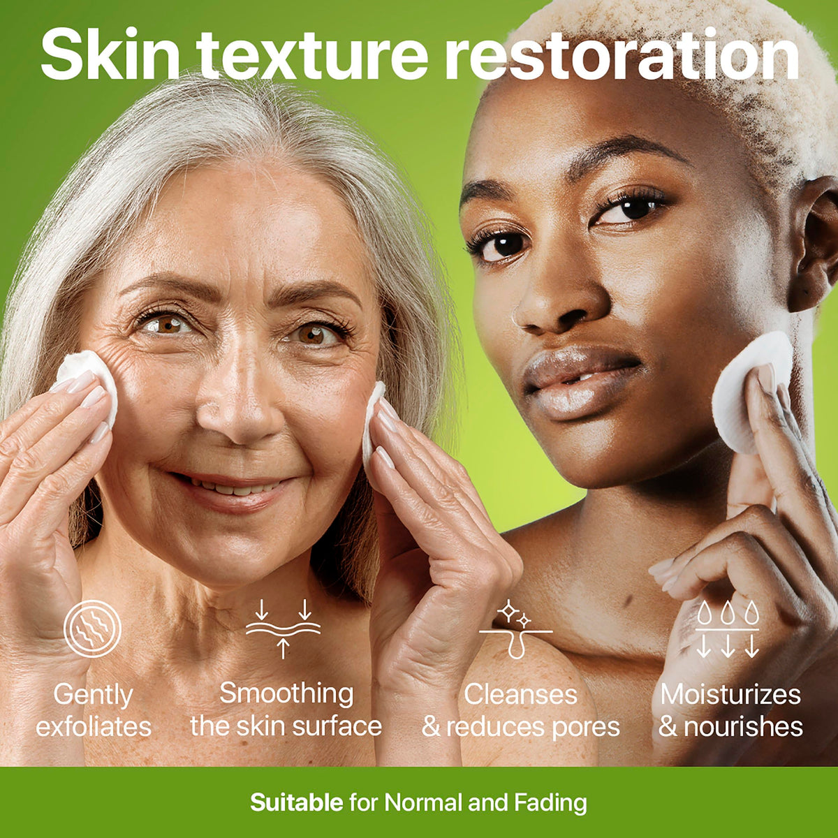 M-REDI pad being swiped across face showing controlled exfoliation and smoother appearance