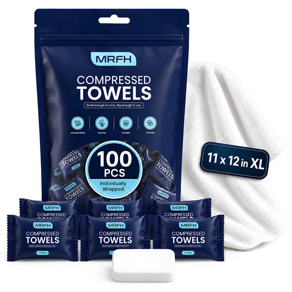 MRFH front packaging showing 100 individually wrapped compressed towels for travel convenience
