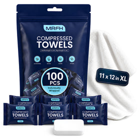 MRFH front packaging showing 100 individually wrapped compressed towels for travel convenience