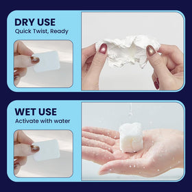 MRFH towel held in hand expanding with water showing easy activation benefit