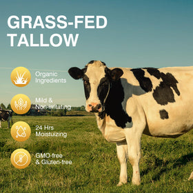 MROUVIK product label close-up listing grass-fed tallow and honey benefits