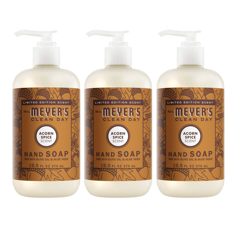 Mrs. MEYER'S front bottle showing Acorn Spice label and benefits