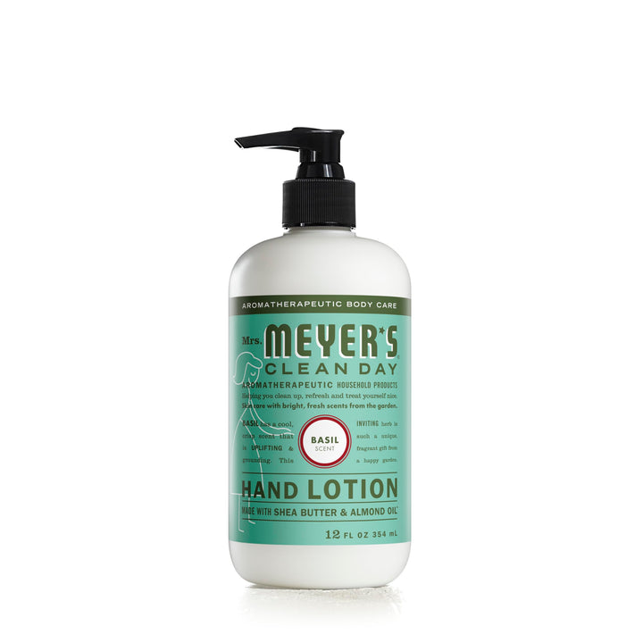 Mrs. Meyer's basil lotion front packaging showing label and size benefit