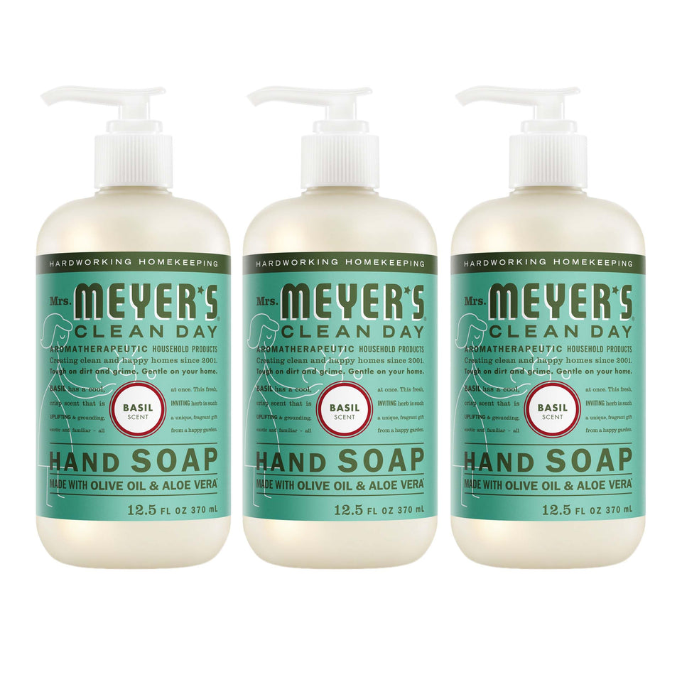 Mrs. MEYER'S front bottle showing basil scent and clean design for easy identification