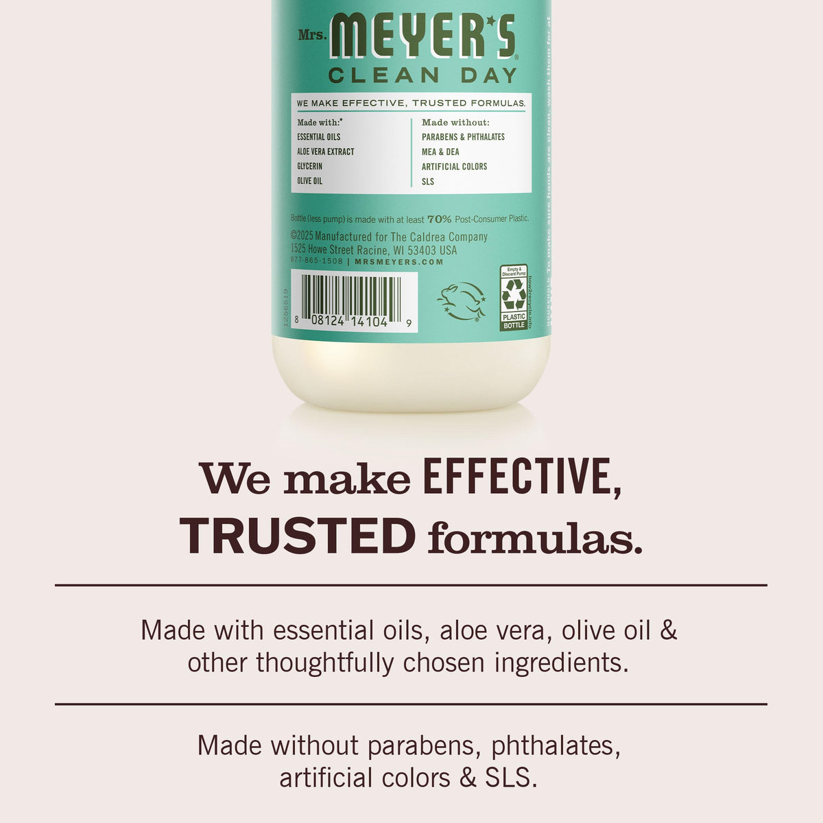 Mrs. MEYER'S label showing key plant-based ingredients and cruelty-free certification benefits