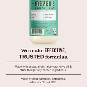 Mrs. MEYER'S label showing key plant-based ingredients and cruelty-free certification benefits