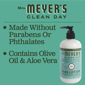 Mrs. Meyer's lotion in hand demonstrating smooth non-greasy finish benefit
