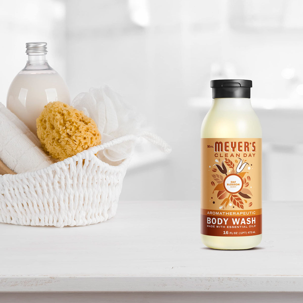 Mrs. MEYER'S bottle in bathroom lifestyle scene promoting refreshing shower routine