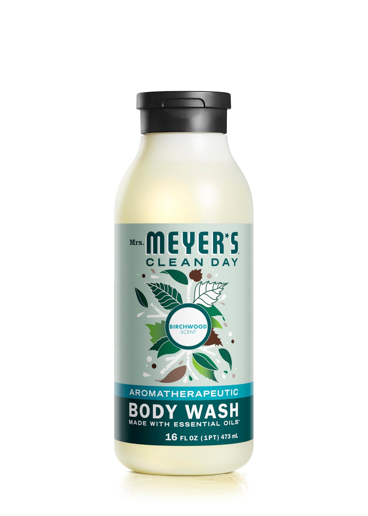Mrs. MEYER'S front packaging showing bottle and birch wood scent benefits