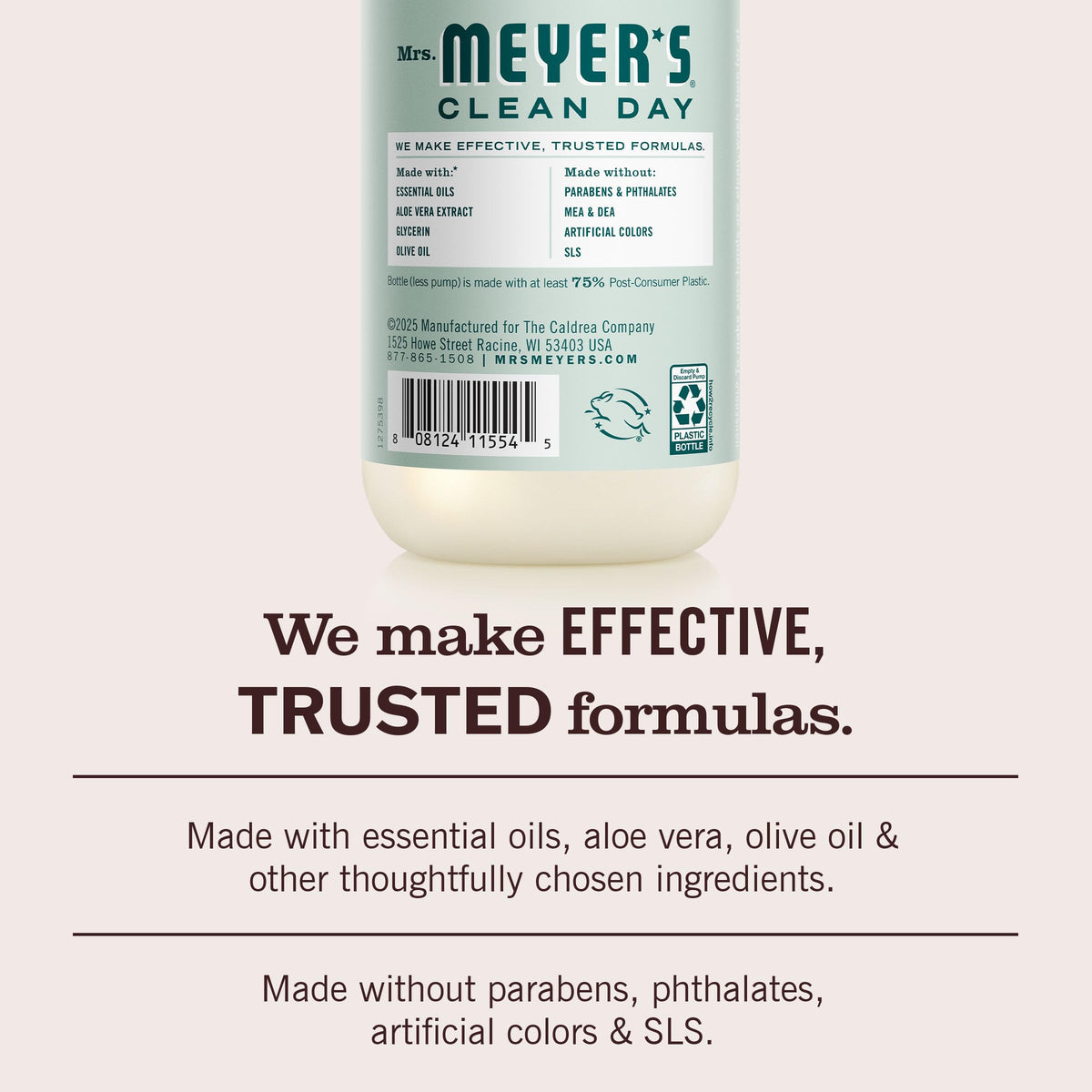 Mrs. MEYER'S bottle label detail highlighting natural ingredients and scent