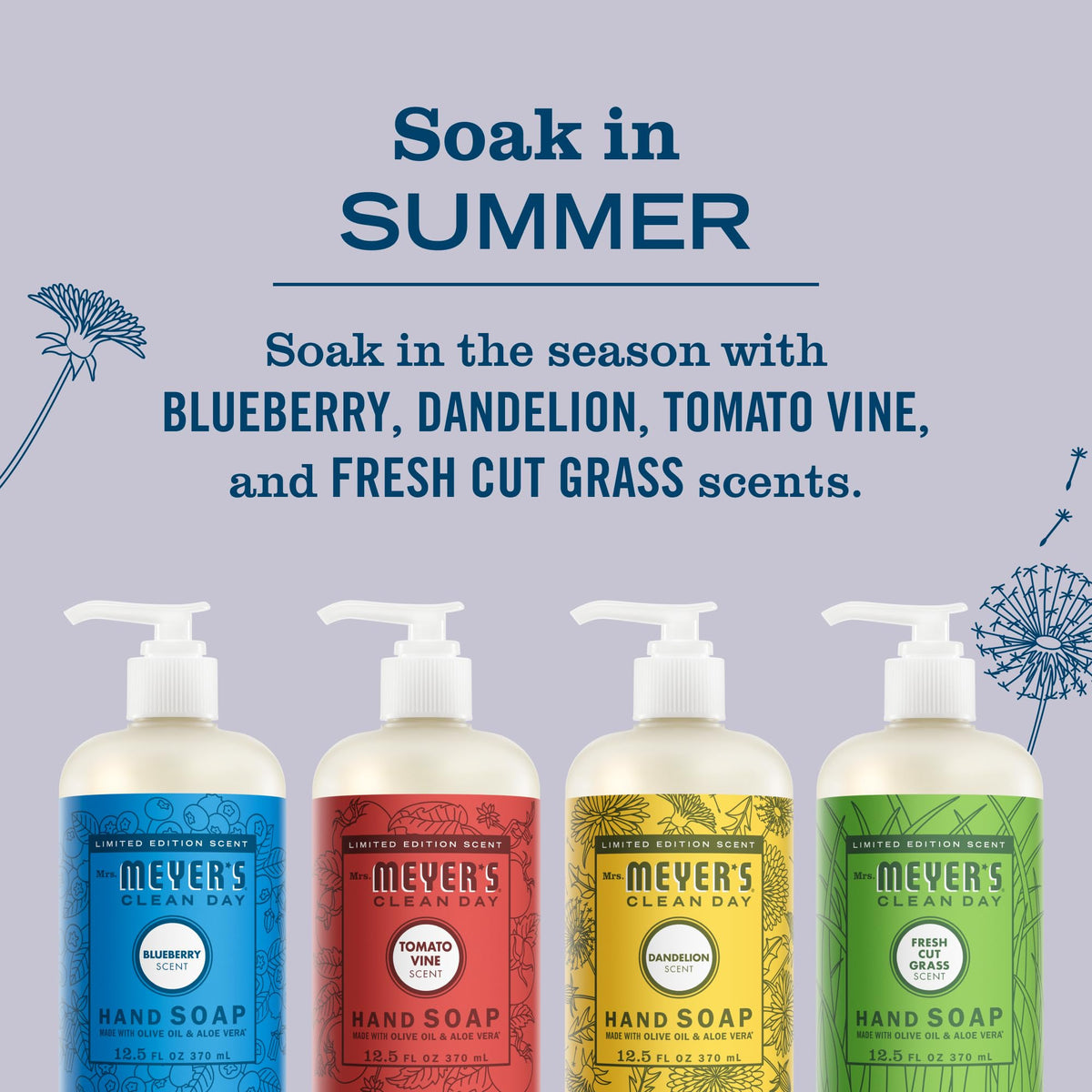 Mrs. MEYER'S Blueberry bottle close-up label highlighting scent and clarity benefit