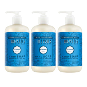 Mrs. MEYER'S bottle front label showing blueberry scent and benefits