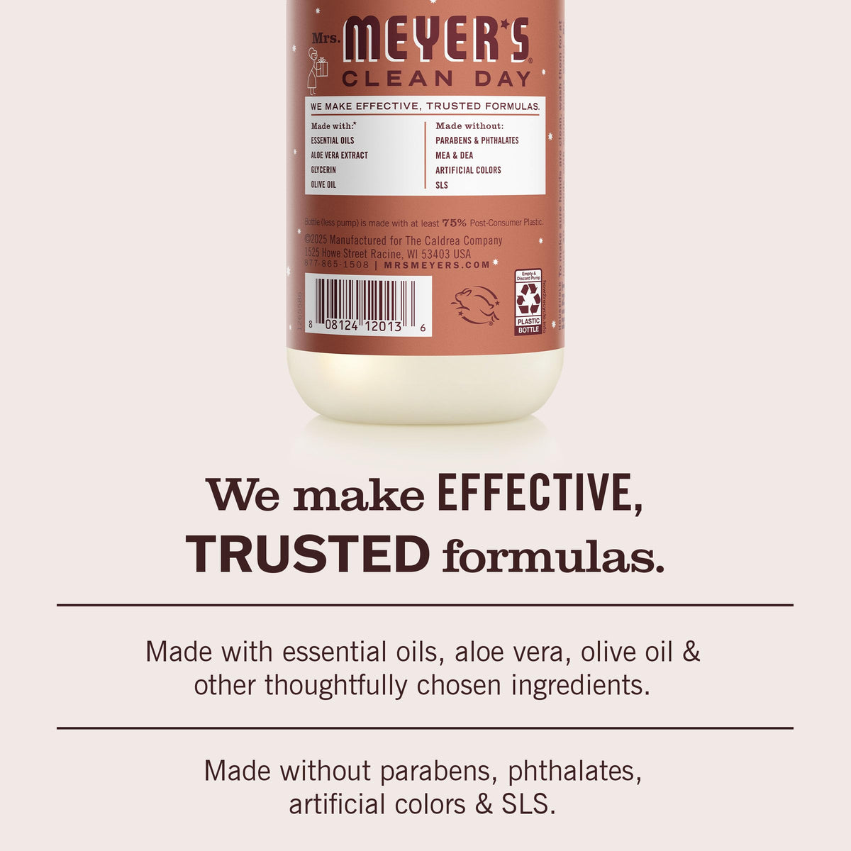 Mrs. MEYER'S bottle texture and amber liquid emphasizing gentle, nourishing formula
