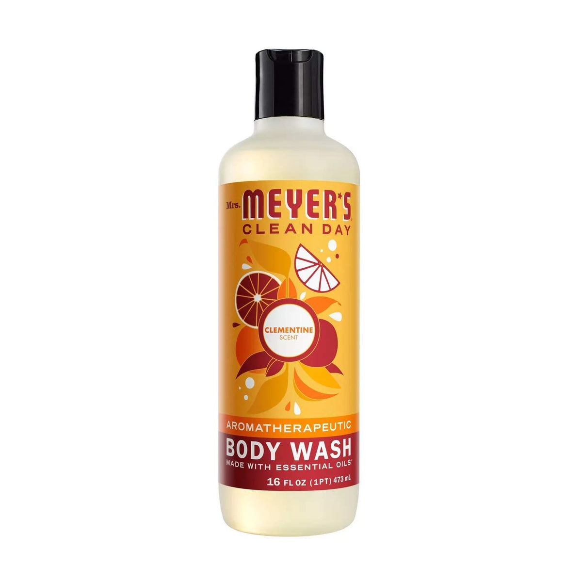 Mrs. Meyer's clementine body wash front label shows brand and scent, promising gentle cleansing