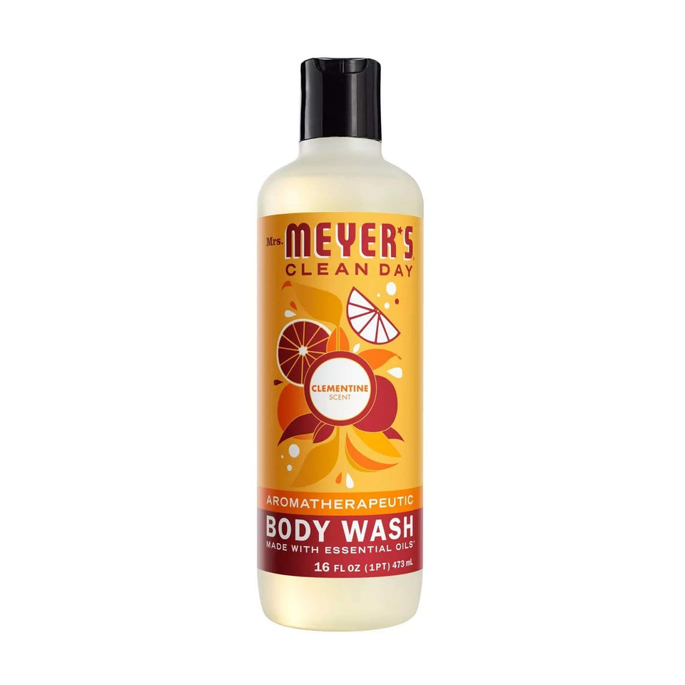 Mrs. Meyer's clementine body wash front label shows brand and scent, promising gentle cleansing