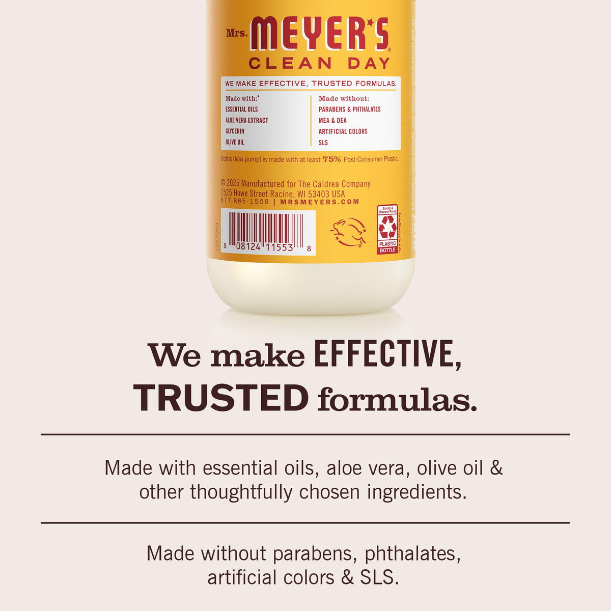 Mrs. Meyer's label detail showing ingredients and cruelty-free badge