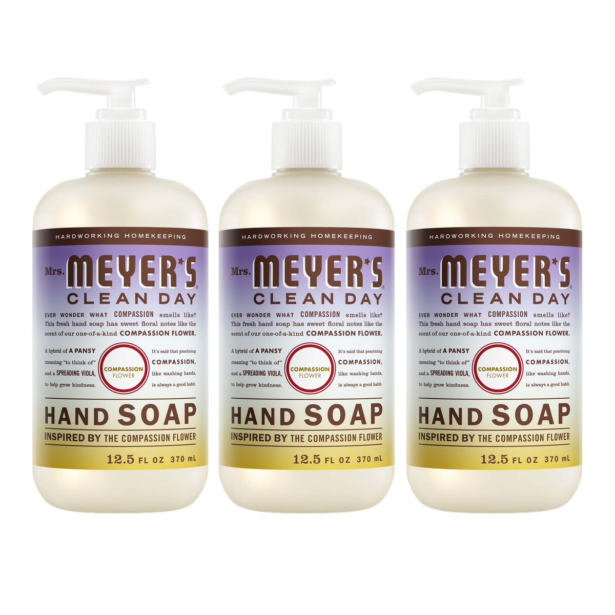 Mrs. Meyer's Compassion Flower front packaging showing three bottles and scent