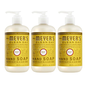 Mrs. Meyer's daisy front packaging showing three 12.5 oz bottles and label benefits