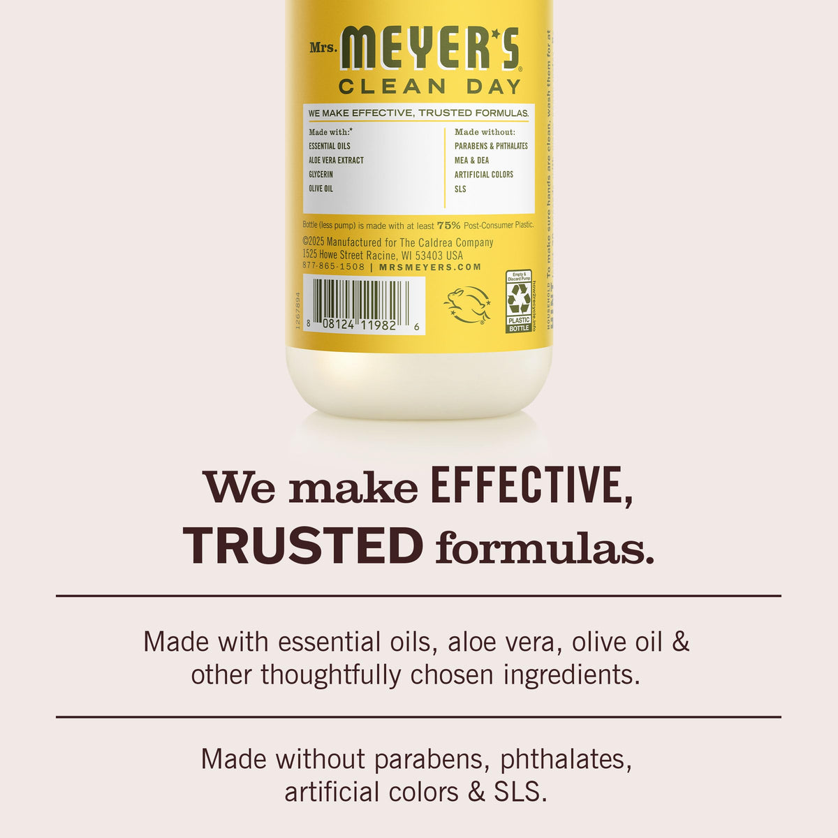 Mrs. MEYER'S ingredients label close-up showing plant-based and cruelty-free benefit