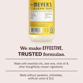 Mrs. MEYER'S ingredients label close-up showing plant-based and cruelty-free benefit