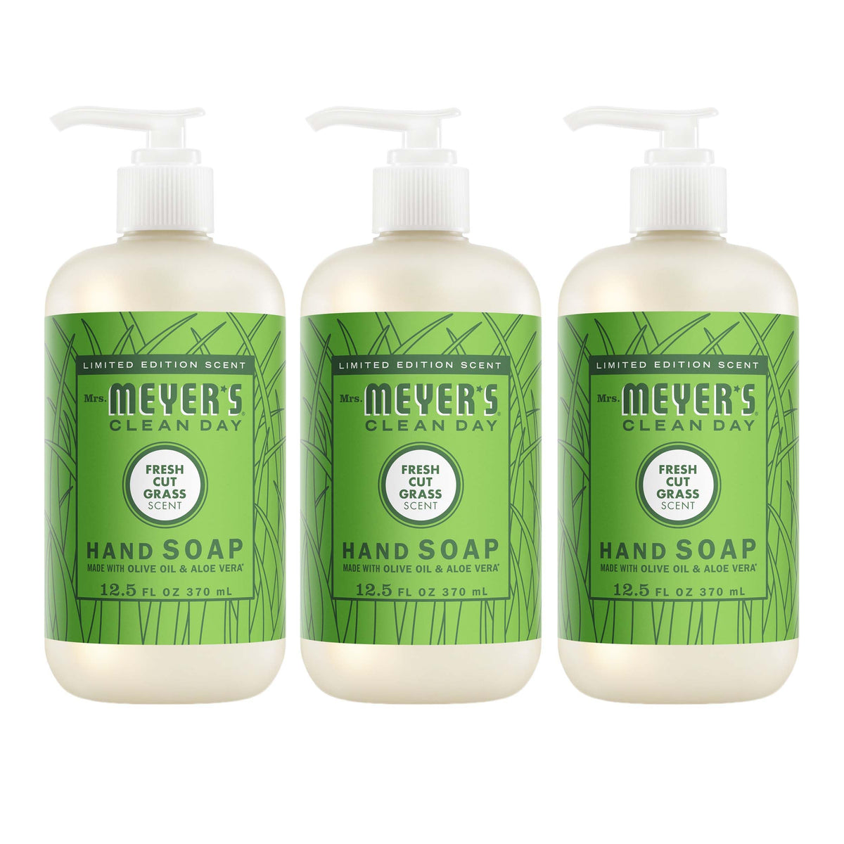 Mrs. MEYER'S front packaging shows Fresh Cut Grass scent for refreshing hand cleansing
