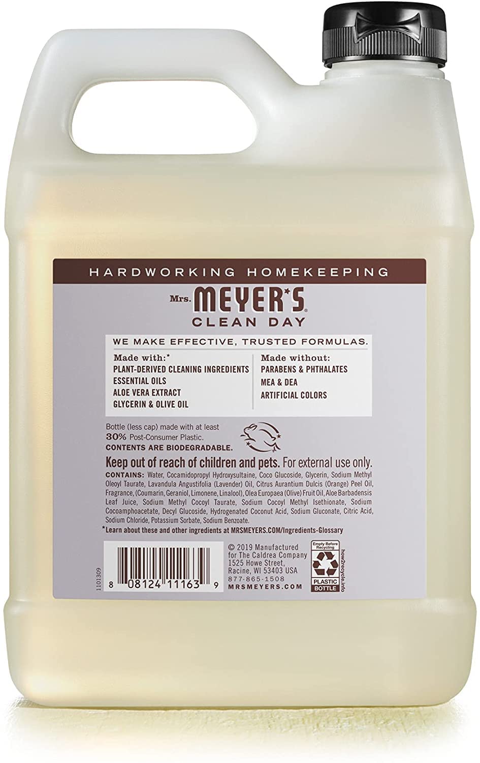 Mrs. MEYER'S refill bottles styled on a kitchen shelf showing eco-friendly choice