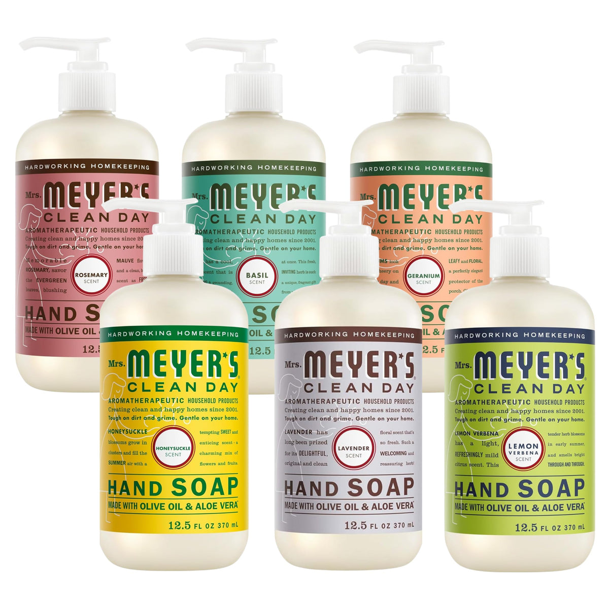 Mrs. MEYER'S front group packaging showing six 12.5 oz bottles and variety benefits