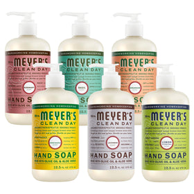 Mrs. MEYER'S front group packaging showing six 12.5 oz bottles and variety benefits