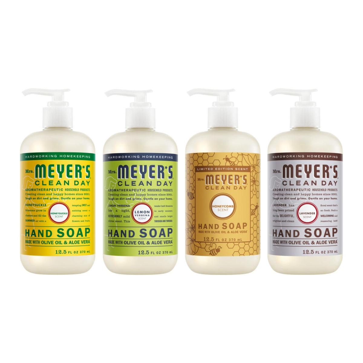 Mrs. MEYER'S front pack shot showing four scented hand soap bottles and clear labeling for easy choice